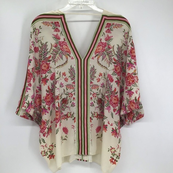 Rose + Olive Floral Spring Flowy Boho Top Blouse Creme/Multi Color Size Medium - Picture 2 of 7